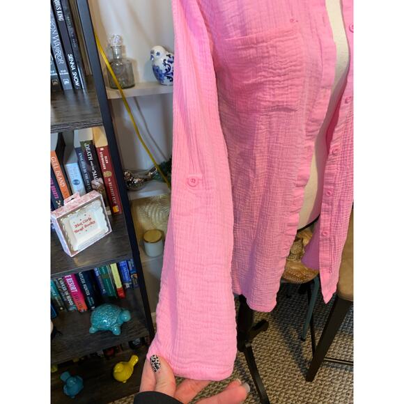 Nicole Miller Pink Textured Button Front Shirt Medium 100% Cotton Top - Picture 7 of 12